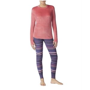 NWOT Climate Right by Cuddl Duds Blue Velour Top and Striped Leggings Set